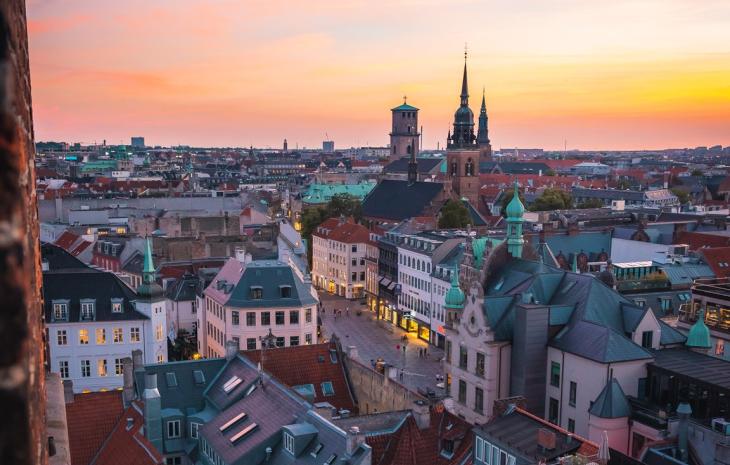 Sunset over shopping street Strøget in Copenhagen