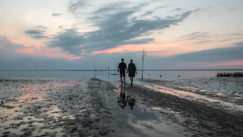 Par som går på stranden i Vadehavet på nordvestkysten av Danmark