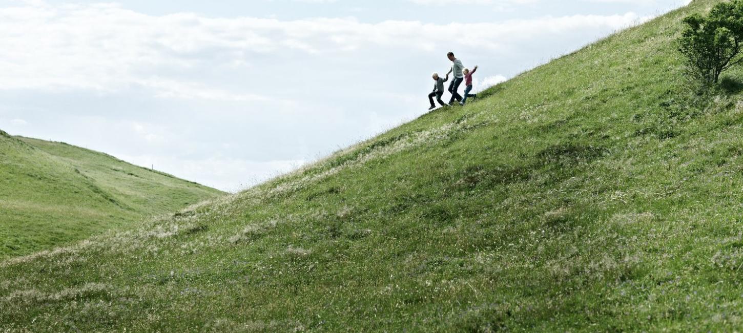 Family running of green hill North Zealand