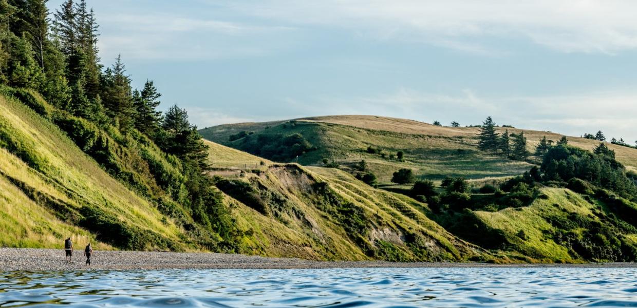 Wandelaars langs de kustlijn van het eiland Mors in Denemarken