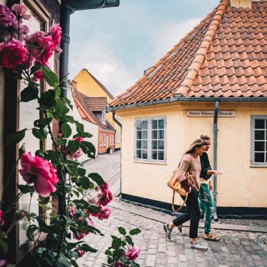 Women walking in old town of Odense on Fyn