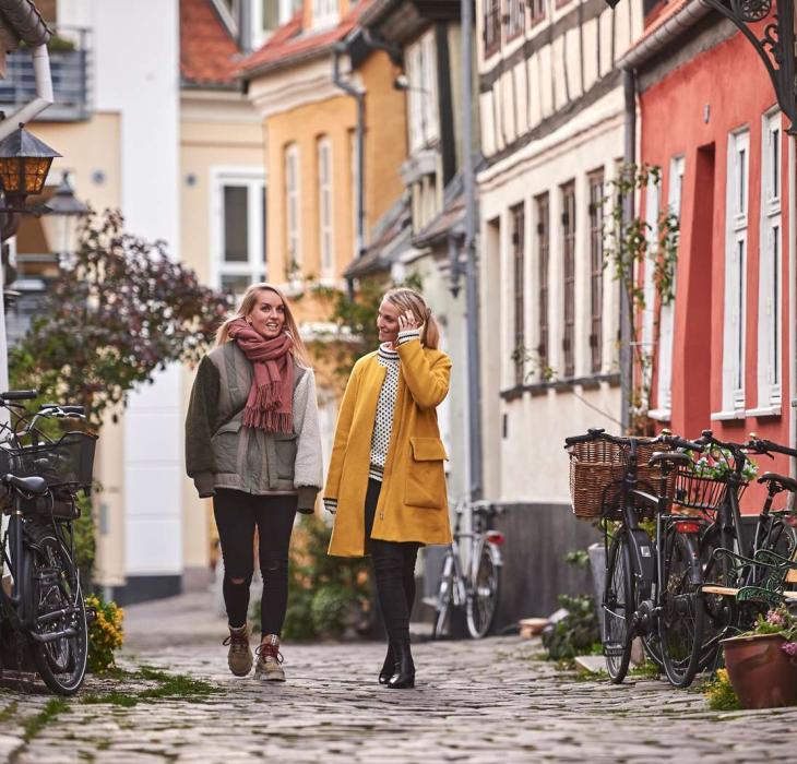 To venniner går sammen i den sjarmerende gaten, Hjelmerstald i Aalborg i Danmark